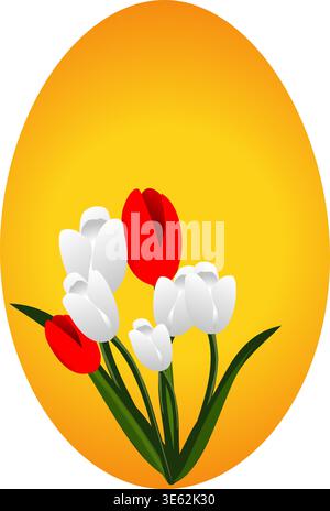 Gelbe Ostereierform mit roten und weißen Tulpenstrauß. Frühlingsblumenvektor-Illustration isoliert auf transparentem Hintergrund Stock Vektor