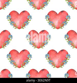Handgemaltes nahtloses Aquarellmuster mit roten Herzen und blauen Blumen, isoliert auf weiß. Perfekt für Valentinsmodelle, romantisches Hochzeitsbranding Stockfoto