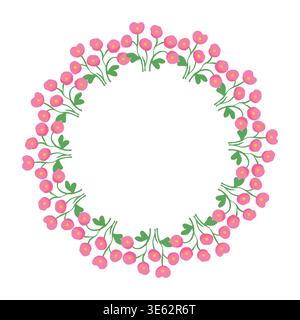 Einfacher rosa Blumenkranz mit kleinen grünen Blättern im minimalistischen flachen Stil Illustration Vektor Stock Vektor