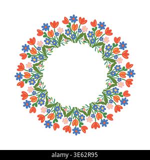 Hand gezeichneter Blumenkranz mit roten Tulpen und blauem Vergiss mich nicht Blumen auf weißem Hintergrund Vektor Stock Vektor