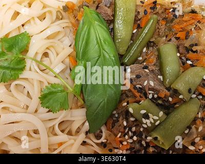 Nahaufnahme eines asiatisch inspirierten Nudelgerichts von oben. Auf der linken Seite befinden sich flache weiße Reisnudeln, auf der rechten Seite pikant Stockfoto
