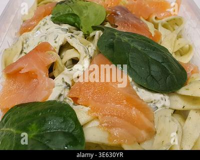 Nahaufnahme eines Nudelgerichts mit Bandnudeln (Fettuccine oder Tagliatelle), die in einer cremigen weißen Kräutersauce gewürzt werden und mit Scheiben belegt sind Stockfoto