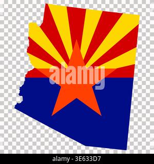 Karte von Arizona mit dem Muster der offiziellen Staatsflagge, isoliert auf dem Hintergrund für Geographie und Infografik. Stockfoto