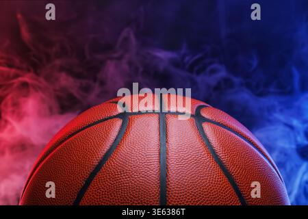 Basketballball mit rotem und blauem Rauch im Hintergrund für dynamischen visuellen Kontrast für Sportwettbewerbe und Spielertrainingskonzepte Stockfoto