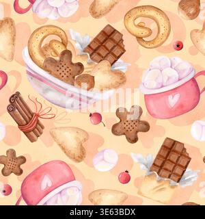 Nahtloses Dessertmuster in Aquarellfarben mit Keksen, Schokolade und Kakaobechern. Gemütlicher Backwarenhintergrund, herbstliche süße Illustration. Stockfoto