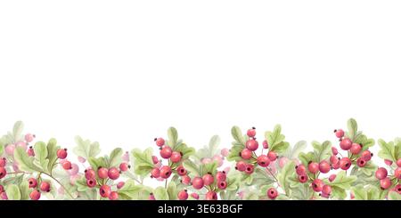 Nahtloser Beerenrand in Aquarellfarben mit grünen Blättern. Botanische Weißdorngirlande im Herbst. Gemütliche Natur dekorative Rahmen Illustration Stockfoto