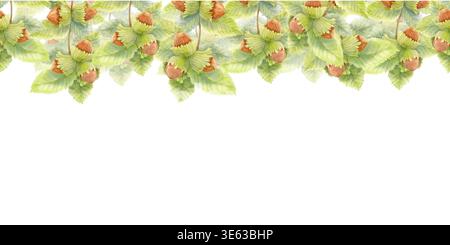 Nahtlose Haselnusskante in Aquarellfarben mit grünen Blättern. Die herbstliche botanische Girlande. Natürliche Wald dekorative Verzierung Illustration Stockfoto