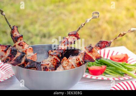 Picknick in der Natur, gekochter Grill und Gemüse mit Kräutern auf dem Tisch. Stockfoto