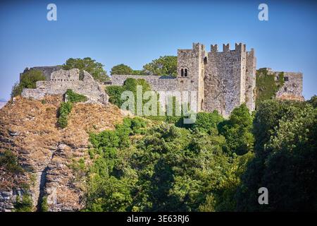 Mittelalterliche Burgruinen aus Stein auf einem felsigen Hügel, bedeckt mit üppiger grüner Vegetation und trockenen goldenen Grasflecken. Die alte Festung Stockfoto