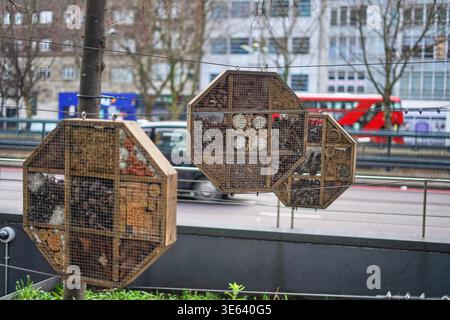 Drei achteckige Holzinsektenhotels hängen an Kabeln in einer städtischen Umgebung, wahrscheinlich in London. Die Bughotels haben Gitterfronten und enthalten Stockfoto