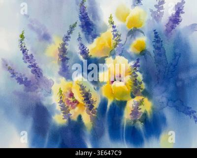 Gelbe Pfingstrosen und violette Blumen in blauem Aquarellhintergrund Stockfoto