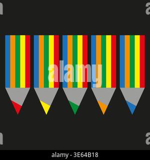 Rainbow Bleistiftset. Farbiger Werkzeugvektor. Symbol für Zeichenausrüstung. Fünf Buntstifte. Nur manueller Vektor. Kein autotrace verwendet. EPS 10. Stock Vektor