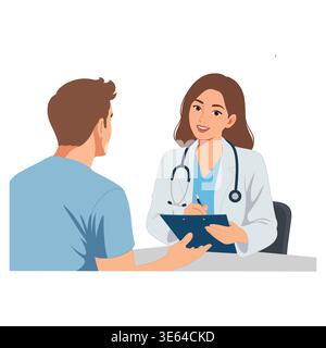 Medizinisches Fachpersonal im weißen Fell, das einem Patienten während einer ärztlichen Untersuchung zuhört. Saubere minimalistische Illustration für Wellness- und Klinikkonzepte. Stock Vektor