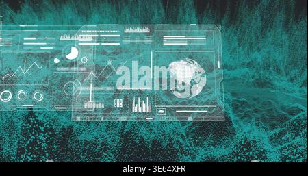 Anzeige von klarem HUD, das 3D-Mesh-Gelände in virtueller Szene überlagert, mit pixelförmigem Globus und Messinstrumenten Stockfoto