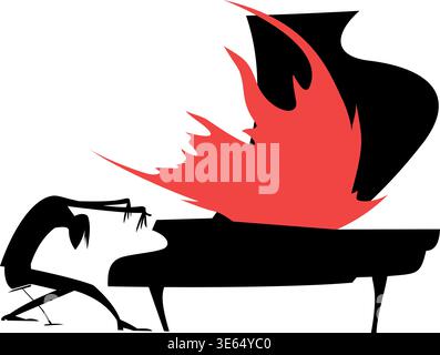 Klavier auf Feuer. Der Mann spielt Klavier und singt. Heiße Musik. Ausdrucksstarker Pianist, der Musik auf dem Feuer spielt Stock Vektor