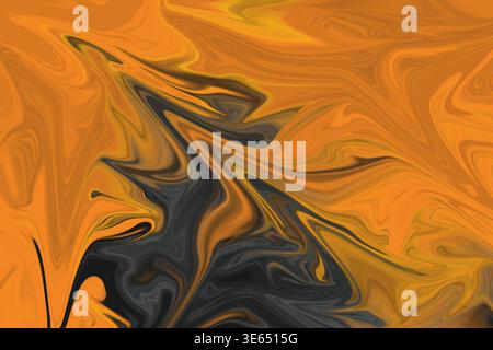 Ein lebendiger abstrakter Hintergrund mit flüssigen Marmorierungsmustern mit wirbelnden Farbverläufen in Orange, Gold und Dunkelgrau. Stockfoto