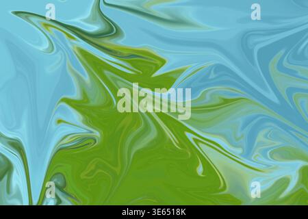 Ein fließender, abstrakter Hintergrund mit dynamischen, wirbelnden Mustern in leuchtendem Grün und hellem Blau, die einen flüssigen Kunsteffekt erzeugen. Stockfoto