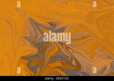 Ein lebendiger abstrakter Hintergrund mit wirbelnden Mustern aus Orange, Gold und gedämpftem Braun, die eine flüssige, flüssige Marmorstruktur erzeugen. Stockfoto