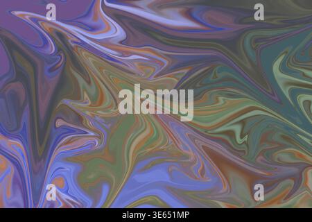 Ein lebendiger abstrakter Hintergrund mit einem fließenden, marmorähnlichen Muster mit wirbelnden Violett-, Blau-, Grün- und Brauntönen in flüssigem Bewegungseffekt. Stockfoto