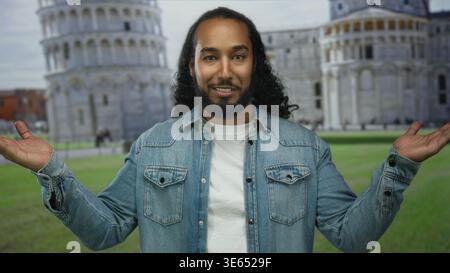 Ein Mann in Jeansjacke und weißem T-Shirt steht mit offenen Händen und einem milden Lächeln vor dem pisa Turmgebäude. Stockfoto