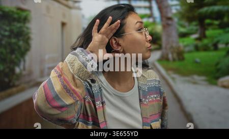 Frau, die Hand an Ohr schröpft, indem sie auf dem Parkweg baut, Brille und gemusterte Jacke trägt; Neugier hört aufmerksam zu. Stockfoto