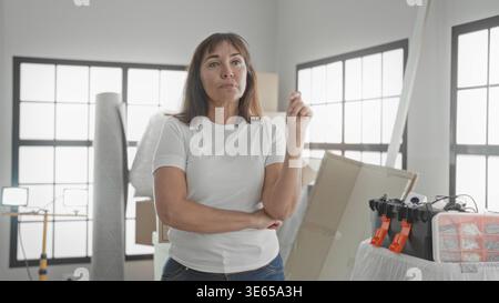 Frau zeigt mit dem Finger nach vorne in Gebäude, das mit Umzugskästen und Werkzeugen gefüllt ist; Bestimmung der Wohnplanung. Stockfoto