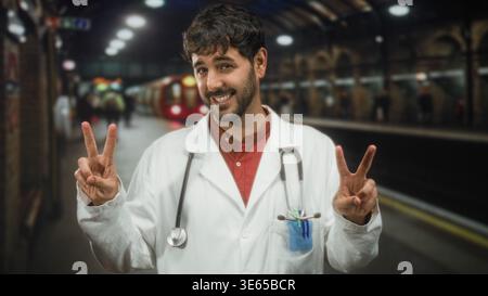 Hispanischer Mann Arzt in weißem Mantel mit Stethoskop blinkende Friedenszeichen mit beiden Händen auf U-Bahn-Plattform, lächelnd und bärtig; Pflegeoptimist. Stockfoto
