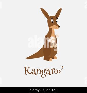 Vektor-Illustration eines süßen Känguruhs mit großen Augen. Ein Känguru hält weiße Blumen in der Hand. Stock Vektor