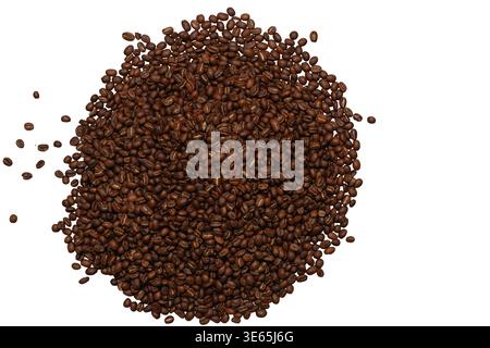 Geröstete Kaffeebohnen häufen sich auf weißem Hintergrund. Ein Haufen mitteldunkler gerösteter Kaffeebohnen isoliert auf weiß. Ideal für Café-Branding, Lebensmittelverpackungen Stockfoto