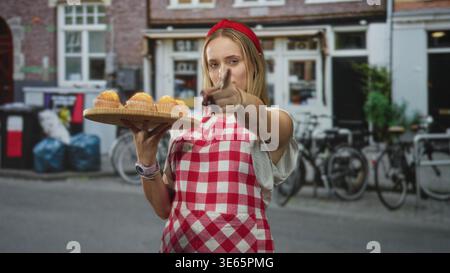 Die Chefin hält ein hölzernes Tablett mit Muffins und zeigt mit dem Finger, während sie auf der Straße eine rote Gingham-Schürze trägt; gastfreundliche Gastfreundschaft. Stockfoto
