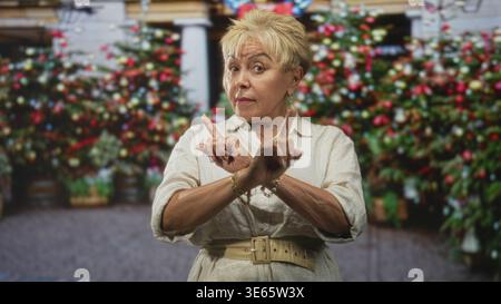 Die ranghöchste hispanische Frau zeigt beide Zeigefinger mit erhobenen Händen vor ein mit Bokeh-Pflanzen geschmücktes Gebäude; Vertrauenswarnung. Stockfoto