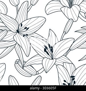 Nahtloses Vektormuster mit handgezeichneten Lilienblüten. Botanische Blumenillustration für die Frühlingssaison. Eleganter Hintergrund für Stoff, Textil, Stock Vektor
