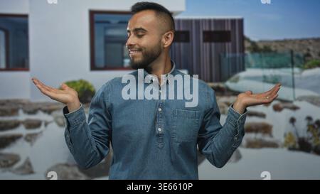 Mann mit Handflächen in einer zuckenden Geste an einem modernen Hauseingang draußen durch Steintreppen und Glasgeländer, trägt ein Jeanshemd und lächelt; verspielt Stockfoto