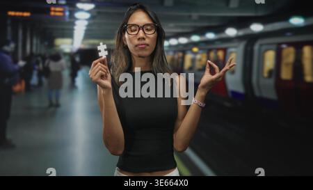 Thailändische Frau mit Brille und schwarzem ärmellosem Oberteil hält ein weißes Puzzleteil zwischen den Fingern und macht eine gute Handgeste in einer U-Bahn-Plattform Stockfoto