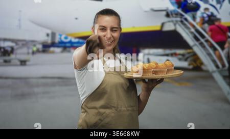 Bäckerin auf der Schürze hält Tablett mit Muffins und zeigt mit dem Finger auf die Kamera am Flughafen; fröhliche Gastfreundschaft. Stockfoto