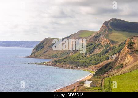 Ein Gleitschirmflieger schwingt über die dramatischen Klippen von Golden Cap, Dorset, England, und genießt die atemberaubende Aussicht auf die Küste. Stockfoto