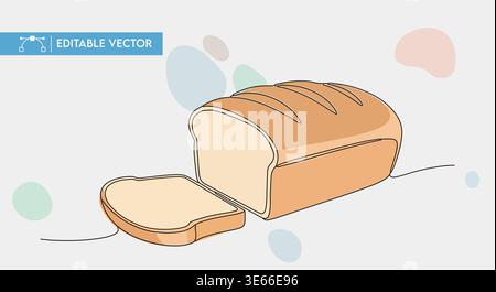 Ein frisch gebackener Brotlaib mit einer einzelnen Scheibe entfernt, dargestellt als minimalistische, durchgehende Vektor-Grafik. Stock Vektor
