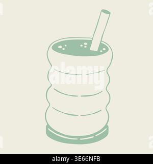 Handgezeichneter Vektor eines Smoothies in einem welligen Glas mit Trinkstroh und sprudelnder Textur. Saubere Linie Kunst Illustration eines gesunden Gemüses oder einer Frucht Stock Vektor