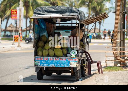 Mobiler LKW mit tropischen Früchten, der an der Touristenstraße geparkt wurde und Durianobst in Vietnam verkauft. Stockfoto