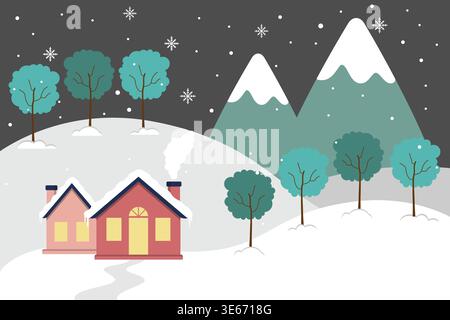 Schneebedeckte Häuser Umgeben Von Bäumen Und Bergen In Der Winterweihnachtszeit Stock Vektor