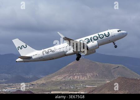 Teneriffa, Spanien - 4. März 2026: Marabu Airlines Airbus A320neo am Flughafen Teneriffa Süd in Spanien. Stockfoto