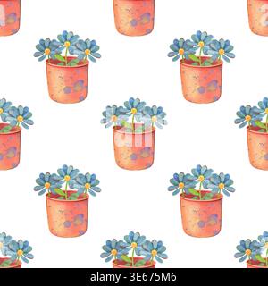 Nahtloses Muster mit Spritzern und blauen Blumen in Töpfen. Handgemalte Illustration isoliert auf weißem Hintergrund. Frisches, künstlerisches Design Stockfoto