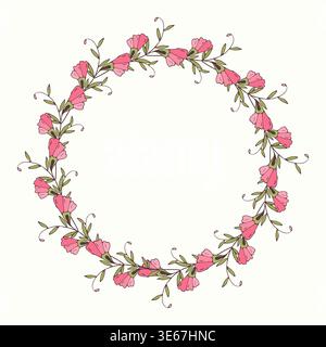 Kranz aus Konvolvulusblumen rosa Farben. Handgezeichneter Blumenbindweed. Auf weißem Hintergrund. . Vektorabbildung Stock Vektor