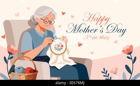 Glückwunschkarte zum Muttertag mit Stickerei-Illustration der älteren Mutter Stock Vektor