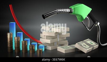 Sinkende Kraftstoffpreise, Dollarscheine und Treibstoffpistole - 3D-Illustration Stockfoto
