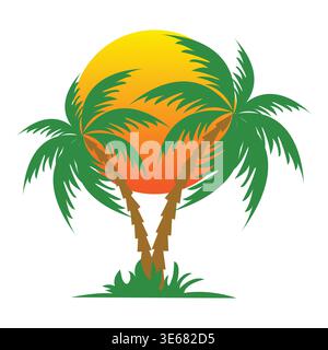 Tropische Palmen mit Sonnenuntergang Vektor - Sommer Strand, Urlaub, und Paradise Island Design Illustration Stock Vektor