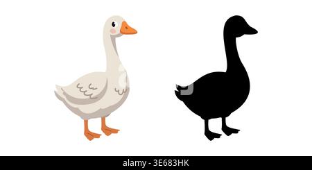Weiße Cartoon-Gans und Silhouette für Kinder Lernspiel Stock Vektor