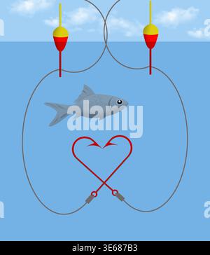 Zwei rote Fischhaken bilden ein Herz in einer 3D-Illustration mit dem Titel: I love Fishing. Linie, Bobber und ein Fisch sind ebenfalls im Bild zu sehen. Stockfoto
