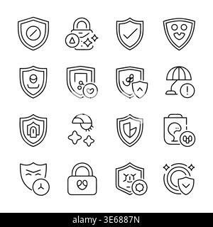 Eine Reihe schwarzer Symbole, die verschiedene Sicherheits- und Schutzthemen darstellen. Klares, minimalistisches Design, ideal für digitale Anwendungen. Stock Vektor
