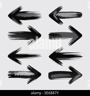 Eine Sammlung von acht Pfeilen im Grunge-Stil, die sowohl nach links als auch nach rechts zeigen und mit einem Pinselstrich-Effekt auf weißem Hintergrund erstellt wurden. Stock Vektor